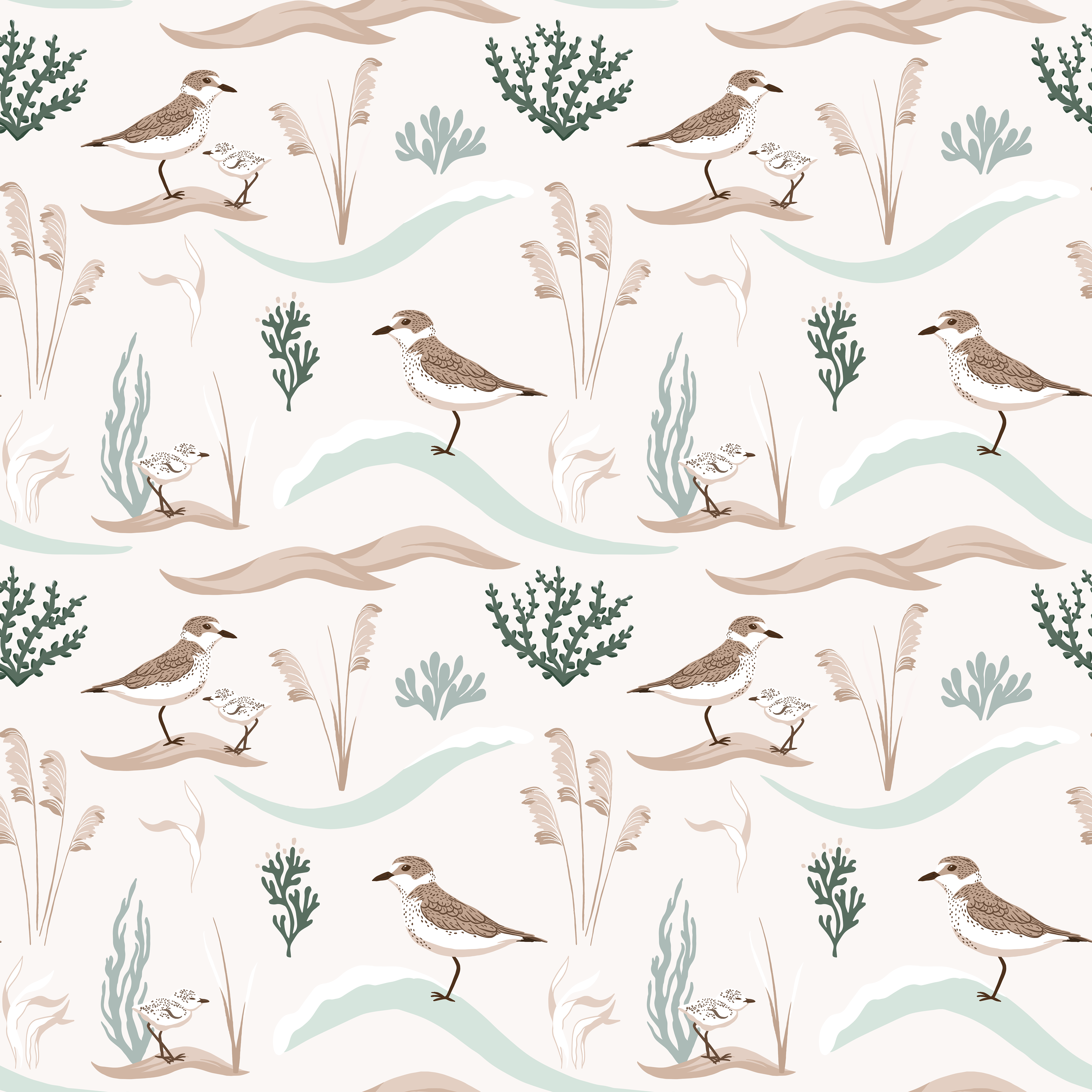 Pattern of birds, plants, and wavy lines on a white background